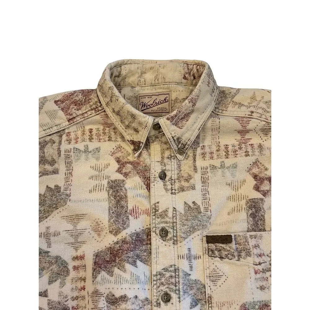 Vtg Woolrich Shirt Mens XL Beige Aztec Chamois Flannel Button Up Long Sleeve USA